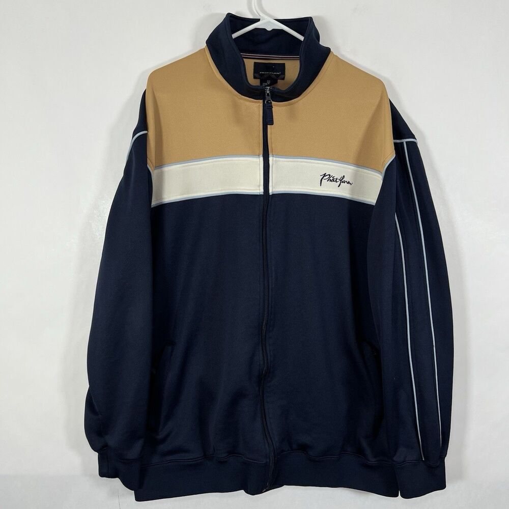 VTG Phat Farm Full Zip Track Jacket Men Size XXL 2XL Navy Tan Colorblock Pockets